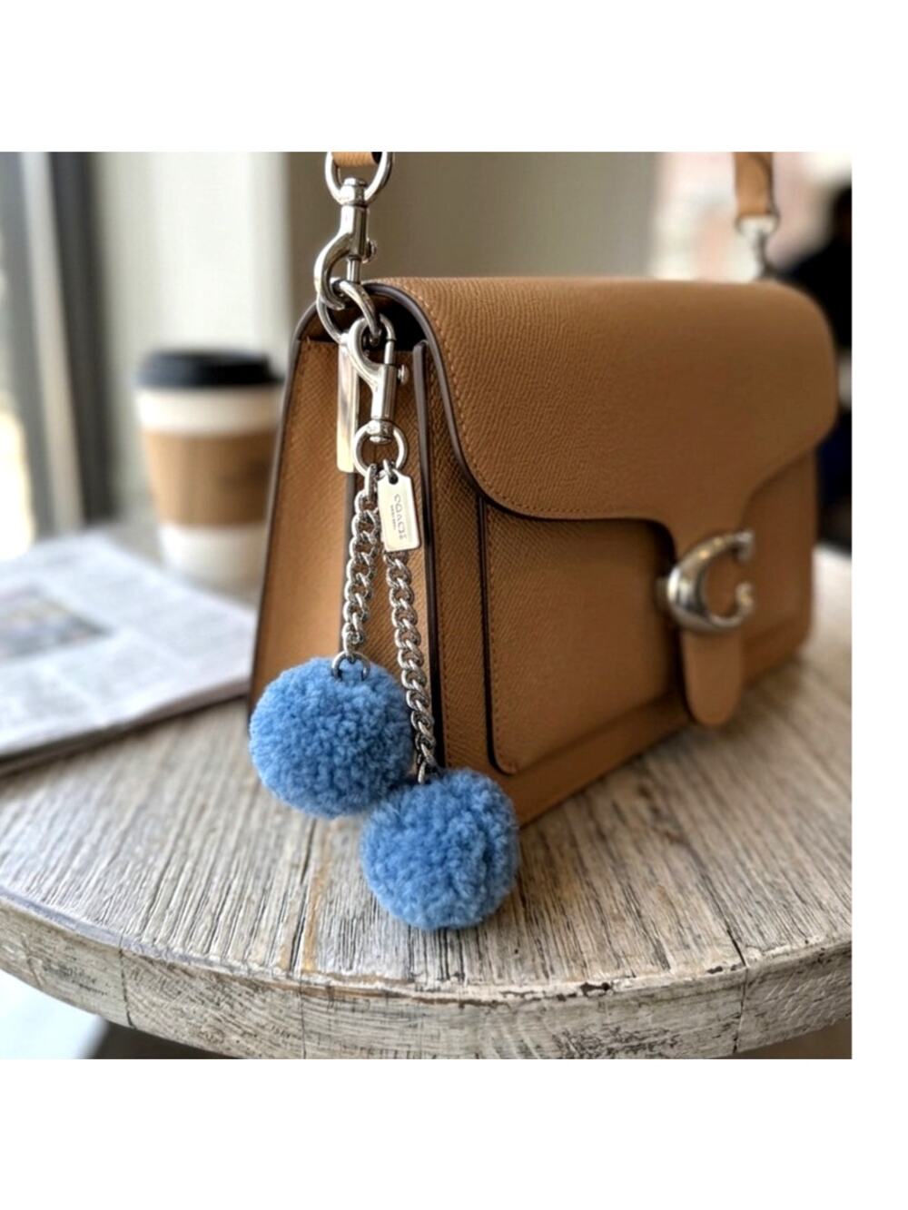 Coach Peacock fluffy shearling pom-pom key ring bag charm silver-toned hardware